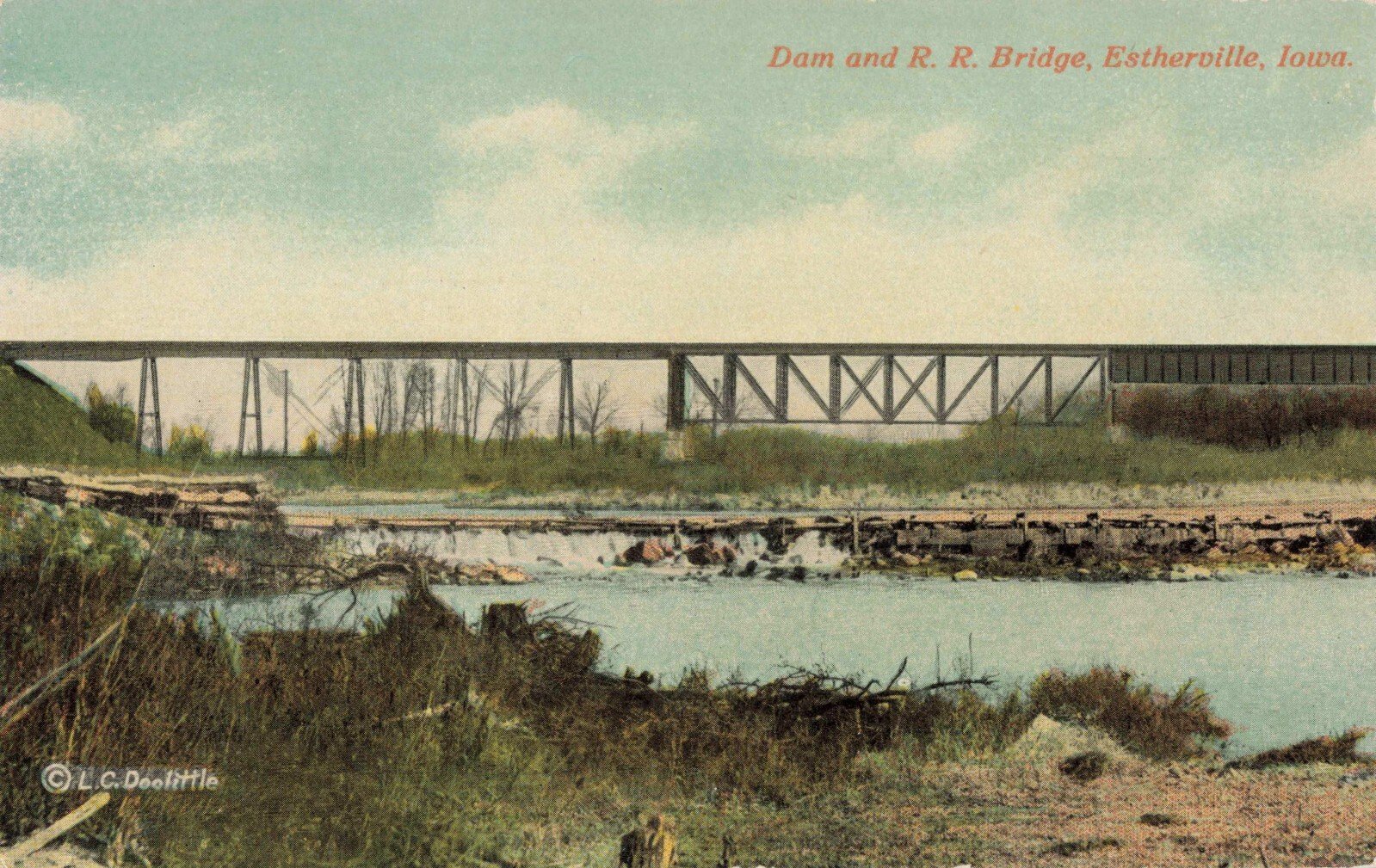 Postcard of bridge, taken after 1907, showing piers rebuilt with concrete and heavier truss installed